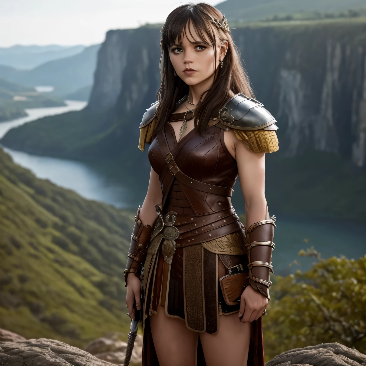masterpiece, highest quality , CRU, analog style, An impressive photo of a jnortg background, long hair, ((xena)), amazon, warrior queen , (invent ), (standing on a cliff ), (, SKIN DETAILS ), (Cara de pau), full body view, sharp focus, 8k uhd, dslr camera , high quality, film grain, Fujifilm XT3, frowning, intricately intricate , dress, detailed and cluttered