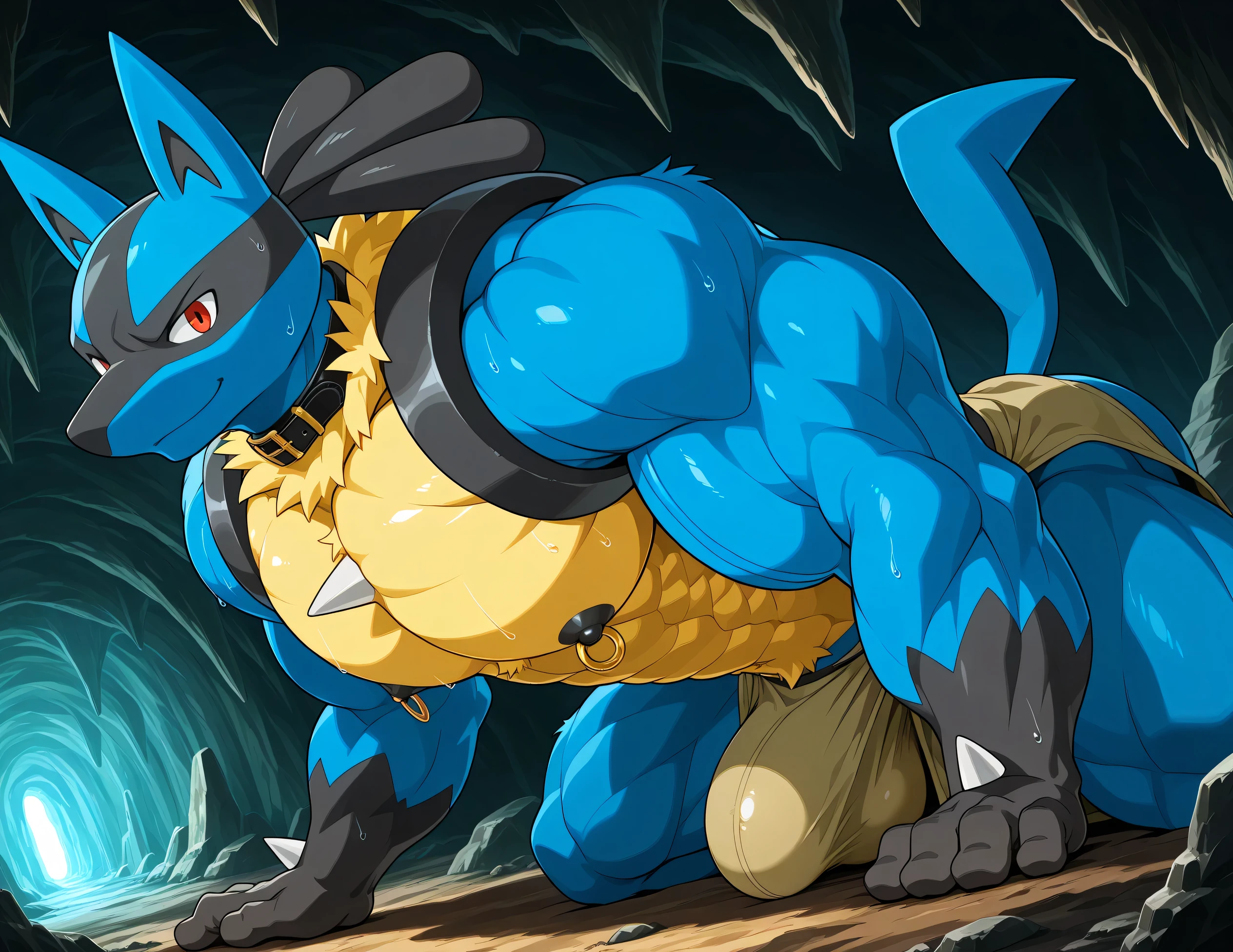 detailed background, low view, side view, cave, dutch angle, close up, solo BREAK score_9_up,score_8_up,score_7_up,score_6_up,score_5_up,score_4_up BREAK kemono, bara, furry, 1boy, anthro, lucario, Blue Fur, Chest Spike, Red Eyes, yellow chest fur with thicker patches on the collar, Spike on Hands, Two tone fur huge muscular, male, macro, black collar on neck, tail, male, bedroom eyes, serious, smile, sweaty, huge worn out brown loincloth, huge bulge in worn out brown loincloth, looking at viewer, huge black nipples, huge gold nipple rings, doing push ups with one hand