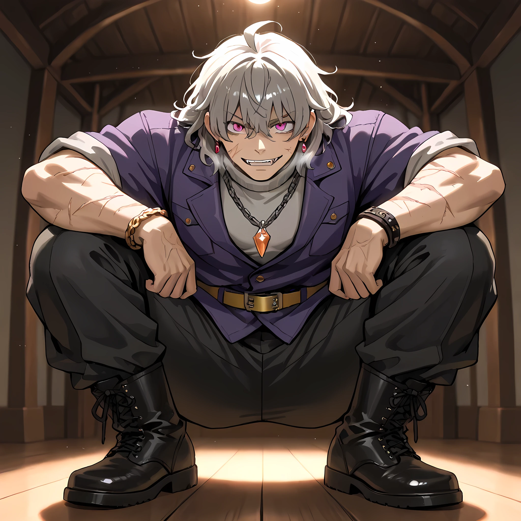 {man1}:(man1 who looks like Manjiro Sano, human ears, thirty-two year old man, wavy hair, strong-bodied man, developed physique: 1.2, muscular body: 1.2, purple jacket, gray turtleneck underneath the jacket, gold belt on long pants, black army pants, silver chain attached to the side of the pants, black leather boots, thorn bracelets on the arms, scars on the arms, burn marks on the cheeks to the middle of the neck, earrings with a waning moon pendant, short gray hair quite messy to the height of the ears, hair covering the eyes, hair tips dyed purple, eyebrows in the shape of gray flames, pink eyes, ahoge hair, heavy breathing, ((man1 with a crazy smile, sharp fangs, man1 jumping towards the stone monster, fighting a stone monster, man1 jumping from the top of a house and falling towards the stone monster, bats appearing around man1):1.4) | ((Ano Danchi no Tsuma-tachi wa... The hentai style of animation:1.4)), ((better image quality, better sharpness, better saturation, better vibrancy, better color balance, better shading, full HD, better quality of facial details)), ((fantasy anime style, richly detailed scenery, better resolution, richness of scene details, lighting balance)), (counter-dive angle).
