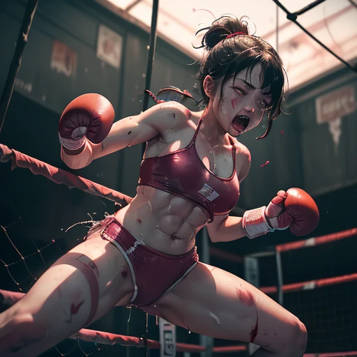 a bloody beautiful young Japanese female fighter is poised in a fighting pose in the fighting ring. She has a bloody nose. She is covered in scars and bruises. she is damaged terribry. Short-cut black hair, out of breath, an eye is closed, drooling from mouth, exhausted, drenched in sweat. Muscularity. Six-pack abs. Erect nipples.