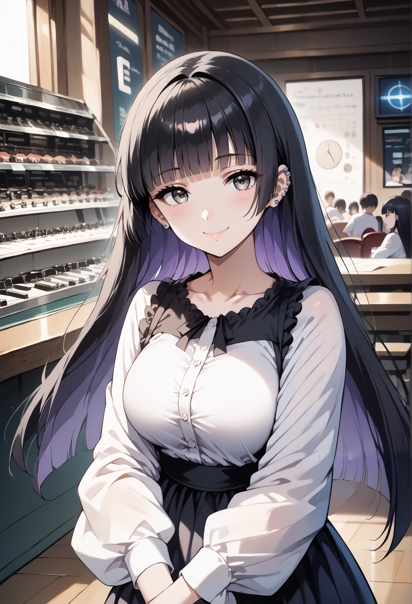 score_9, score_8_up, score_7_up, source_anime, 4K,perfect fingers,(perfect hands, perfect anatomy),prefect lighting, very aesthetic, intricate details,highly detailed background, masterpiece, high quality, best quality,
1girl,solo,pasan, pasan, ((black hair:1.5)), blunt bangs, blunt ends, chin piercing, colored inner hair, ear piercing, grey eyes, hime cut, long hair, medium bangs, multicolored hair, piercing, purple hair, ((large breast:1.5)),
wearing ((casual dress,frills,ornate clothing, )),,
looking at viewer, depth of field, looking at the audience, a little smile, pov, noon,