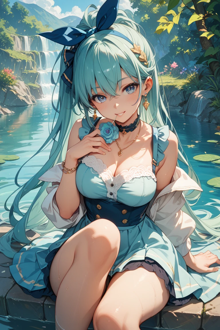 (Very good image quality), 1 girl Emerald green hair, long twin tails hair, back braid, low braid, bangs covering one eye, white veil, beret, silver tiara, yellow eyes, black blindfold, (chain) (bracelet with chain), (leg rings with chains)(chain connected to the wall), fully extended arms, fully extended legs, magical girl, off-shoulder, Kimono over bikini,pleated skirt, spreading skirt, bikini that can be worn inside, lace fabric bikini, black bikini, garter belt, Thigh-high socks, exhaustion, blushing, sweatyumekawa,yumekawaii,pastel color,(wonderland garden:1.3),rainbow waterfall,dripping ink,imagination,(Castle:1.4),