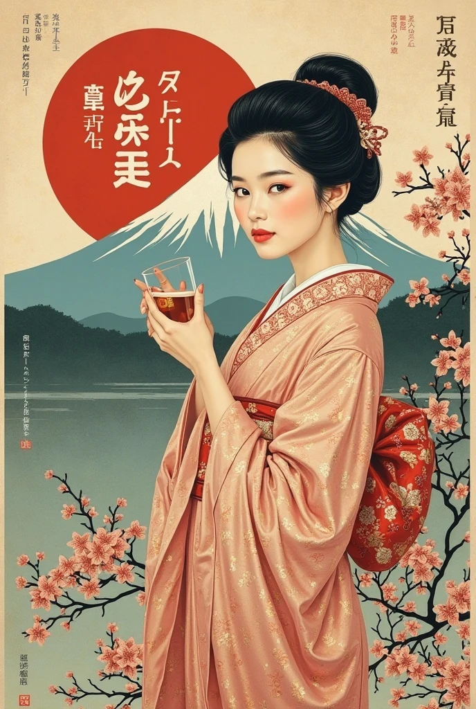 Light color,A poster for the exhibition of "a modern vase in Chinese style", featuring an illustration in the style of Chen Jialing, depicting a white porcelain jar with blue and orange patterns on it, adorned with traditional flower carvings. A girl stands next to her holding the white porcelain jar, surrounded by blooming cherry blossoms. The background is a warm red color that highlights details. --ar 3:4 --s 250 --niji 5
