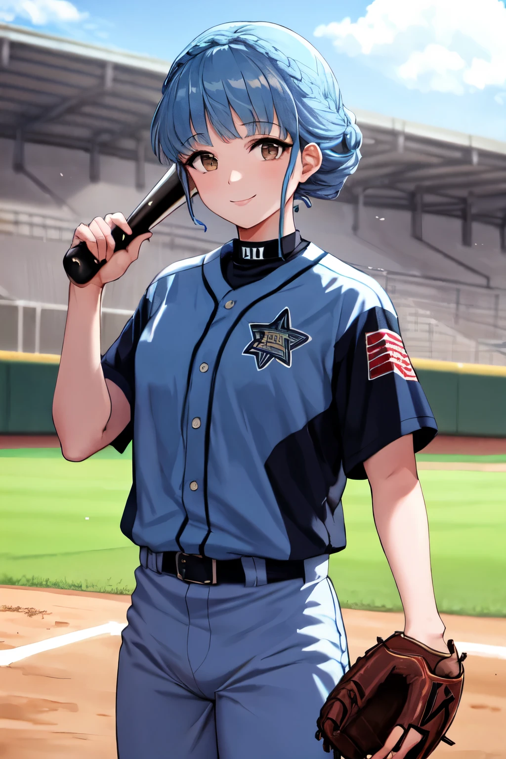 masterpiece, best quality, mariana_Hopes , Baseball field, wearing a baseball uniform in, color blue, cowboy shooting, looking at the viewer, smile