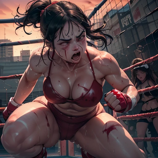 (best quality,highres:1.2), (ultra-detailed), (realistic:1.37), (HDR,UHD), (physically-based rendering), (Busty mature muscular Denise Milani beaten and defeated with her breasts scratched bloody), bruised face, ((no panties, exposed crotch:1.3)), ((topless, exposed chest:1.3)), ((boxing shorts:1.3)), ((short stiletto-heeled leather combat boots:1.4)), ((black boxing gloves:1.4)), ((full breasts:1.3)), ((perfectly round breasts:1.3)), ((short, straight jet-black hair:1.4)), (beautiful large green eyes):1.3), ((thicc, thick thighs:1.5)), (beaten defeated lying down pose in a boxing ring), ((lying down on a boxing ring floor with legs spread)), ((lying down, legs spread)), (boxing ring background), ((terrified expression, crying:1.4)), (full body portrait:1.3), ((torn clothes:1.4)), ((bloody scratch marks on breasts:1.4)), ((bloody splatter on breasts:1.3)), ((torn boxing shorts:1.3)), ((bruised, sore crotch:1.3)), sexy defeated fighter, beaten, humiliated, defeated, (hot red lips, makeup:1.3), big_boltedontits, boltedontits, th3p1t, sakimichan,