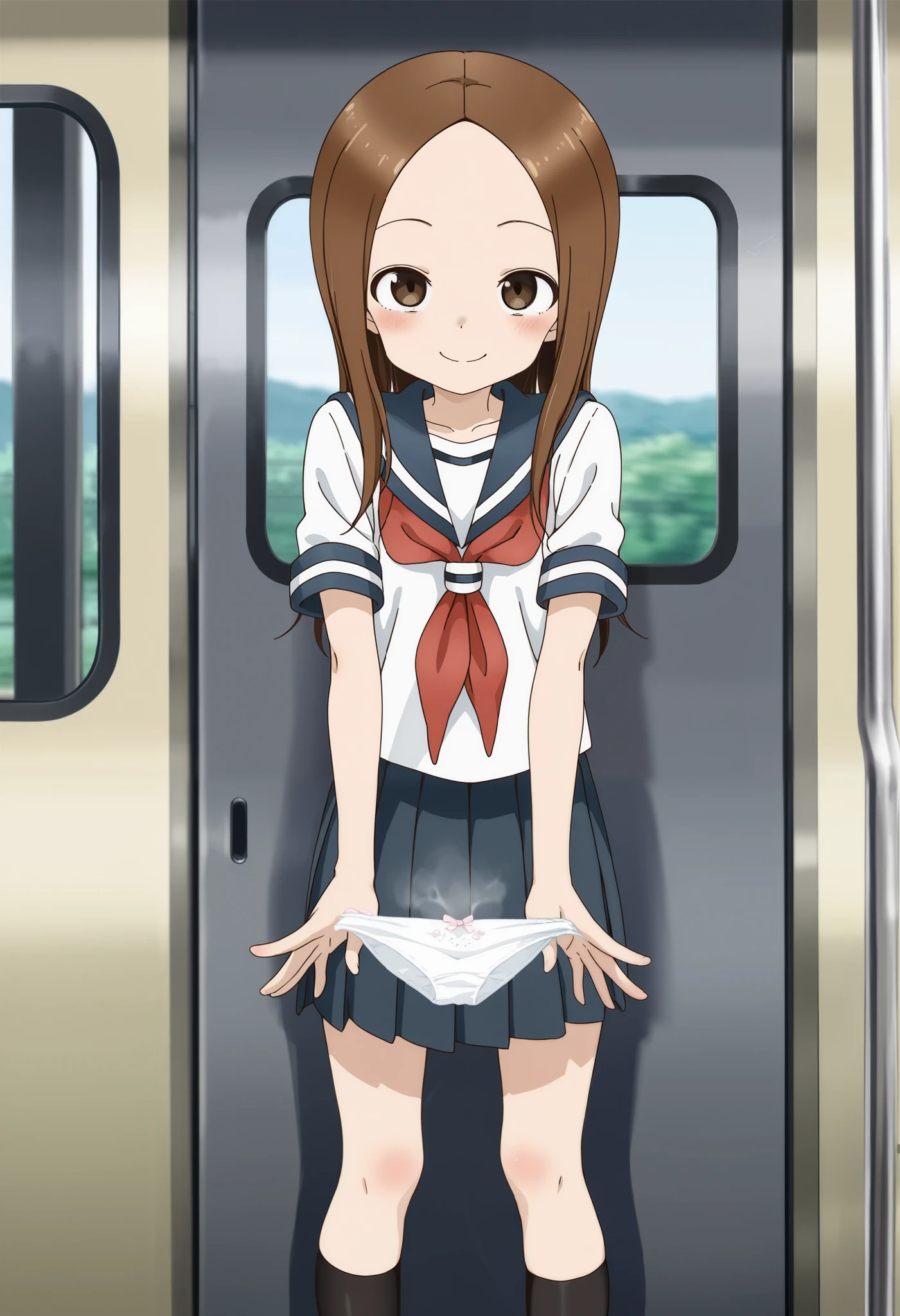 score_9, score_8_up, score_7_up, Anime Coloring ,BREAK,(nsfw:1.3),takagi-san, 1girl, solo, long hair,BREAK, school uniform, white serafuku, blue sailor collar, red neckerchief, short sleeves, mini blue pleated skirt, white panties,black kneehighs, Brown Loafers, BREAK,standing,holding panties,present panties,BREAK,blush,(in heat:1.5),naughty face,BREAK,(cowboy shot),looking at viewer,from front,on the train