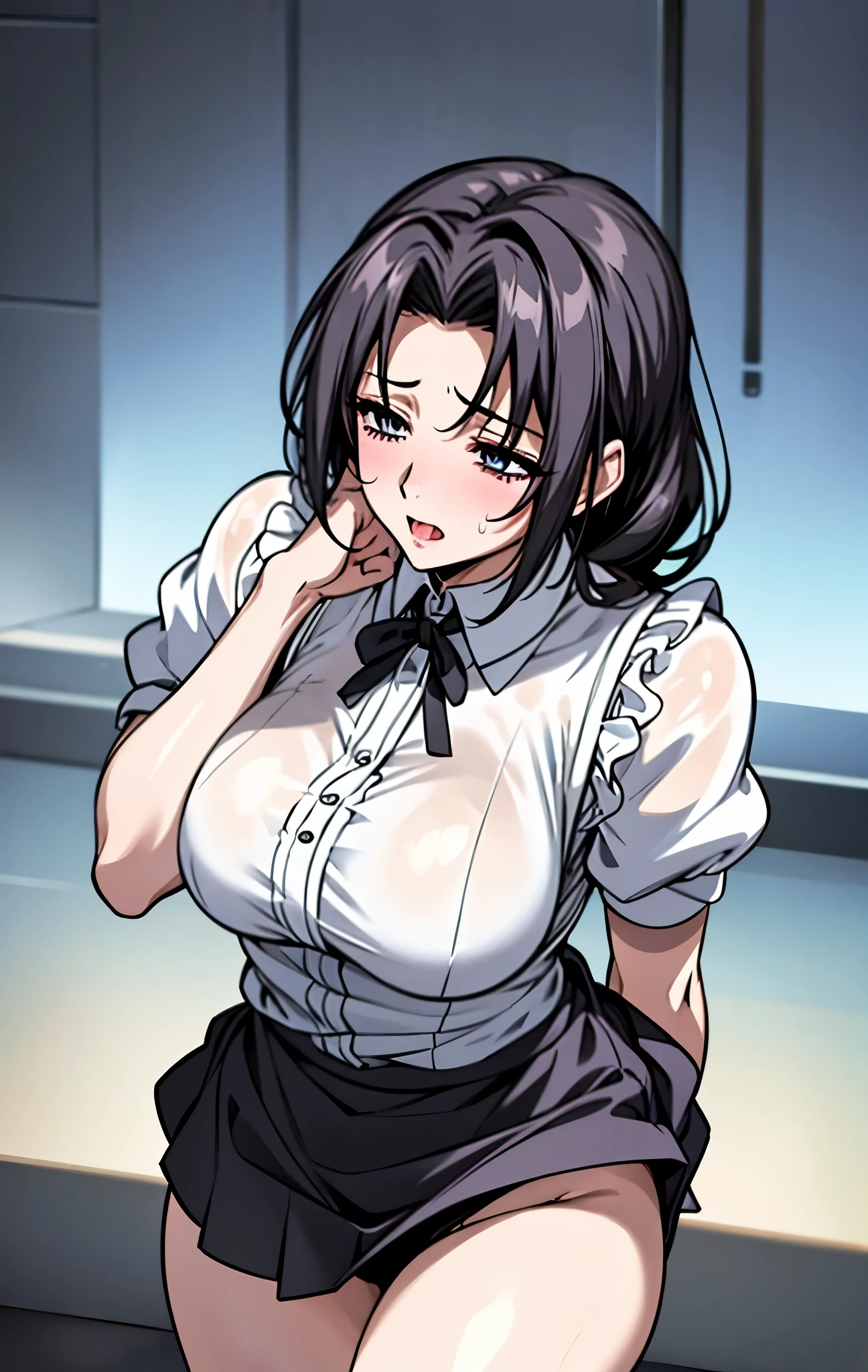 40age、Mature Woman、black hair、The hair is parted horizontally and is short、Maid、Maidキャップ、Maid服、白Maidエプロン、miniskirt、I'm sweaty all over my face、front view、sexy expression、fascinated eyes、watery eyes、full body picture、You stick your tongue out of your mouth for a long time、sticking out its long tongue、I'm drooling from my mouth、incontinence、and my whole body is sweaty。I'm sweating on my bust、Bra is too small、My clothes are wet、my skin is transparent、 sweat dripping、and my whole body is soaked、Drooling、opens crotches、flip over skirt、Pull out the panties 、sheer panties、I'm urinating、Pee is flowing、
