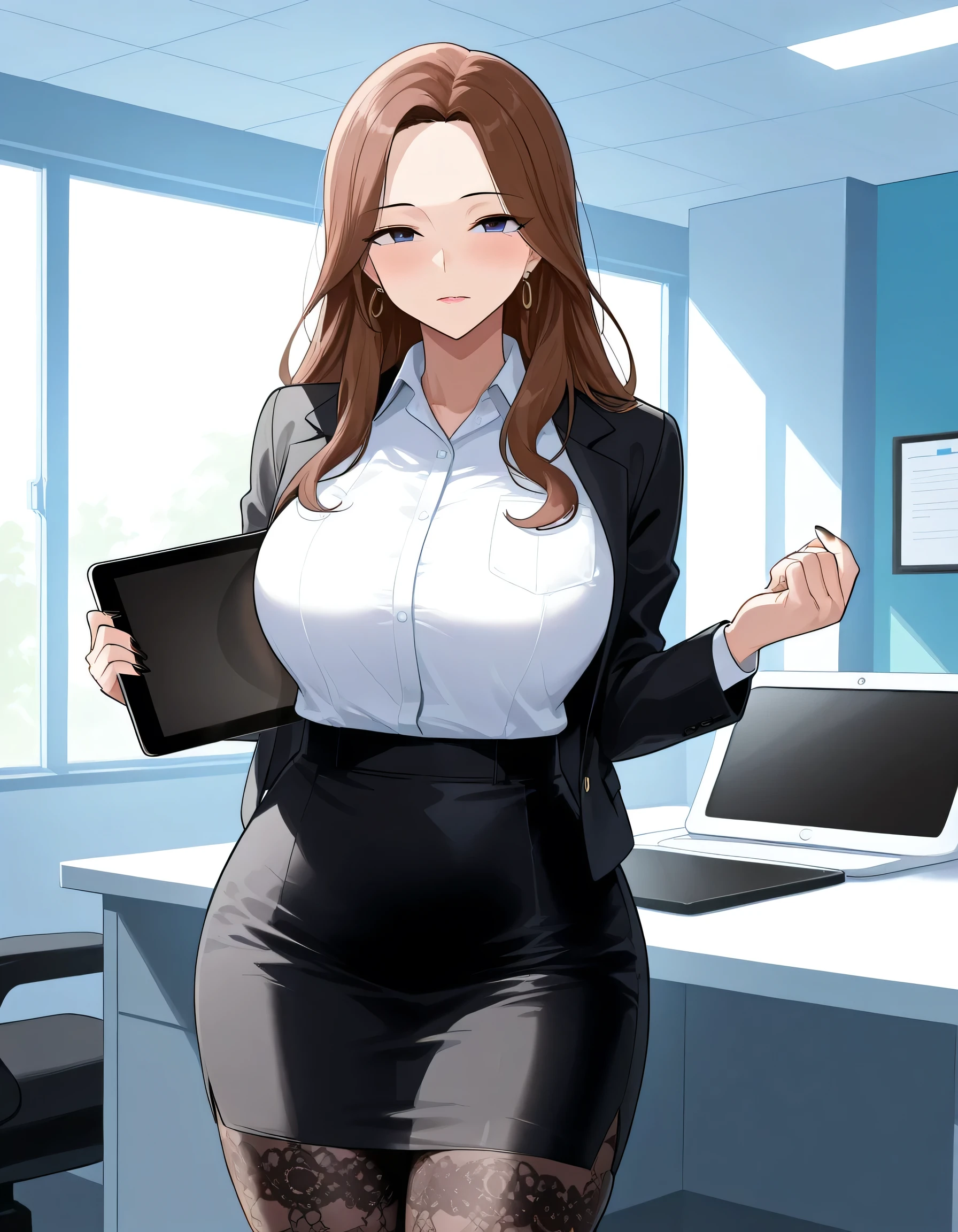 adult, female, mature, MILF, beautiful, light wrinkles, beige skin, brown hair, long hair, forehead bangs, deep blue eyes, tall height, light curvy thighs, light curvy hips, thin waists, default breasts, default ass, skinny, detailed eyes, detailed face, detailed body, adult, detailed office, detailed eyes, make up, looking at viewer, day, white office shirt with black jacket, pencil skirt with cutout, black patterned tights, black nails, strict, standing, hugs tablet, front view