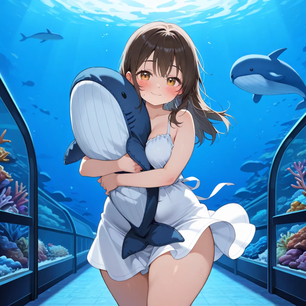 young woman, 24 years old, medium breasts, wide hips, slightly plump, thick thighs, background, round butt, summer dress, warm smile, blush on the face, comfortable clothing, Visit to the aquarium, POV on a date, hugging a plush toy , plush whale, suave,
