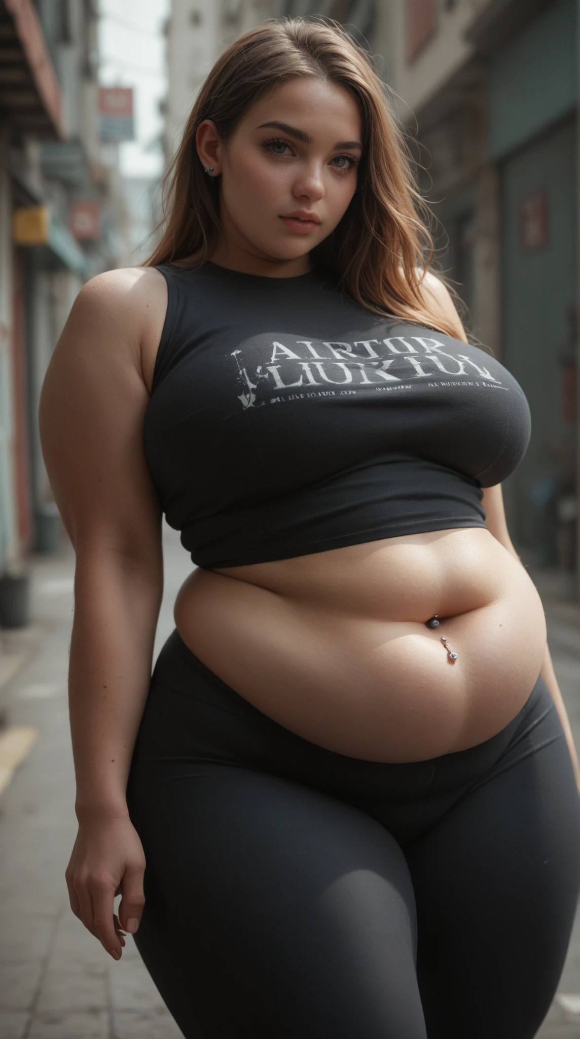 full body, (masterpiece, best quality, 1 chubby girl, solo, intricate details, chromatic aberration), realistic, (chubby face),long hair, brown hair, blond highlights, hair over one eye, earrings, sharp eyes, choker, black shirt, tank top, skirt, (symmetry eyes),(perfect symmetrical body),against wall, look at viewer