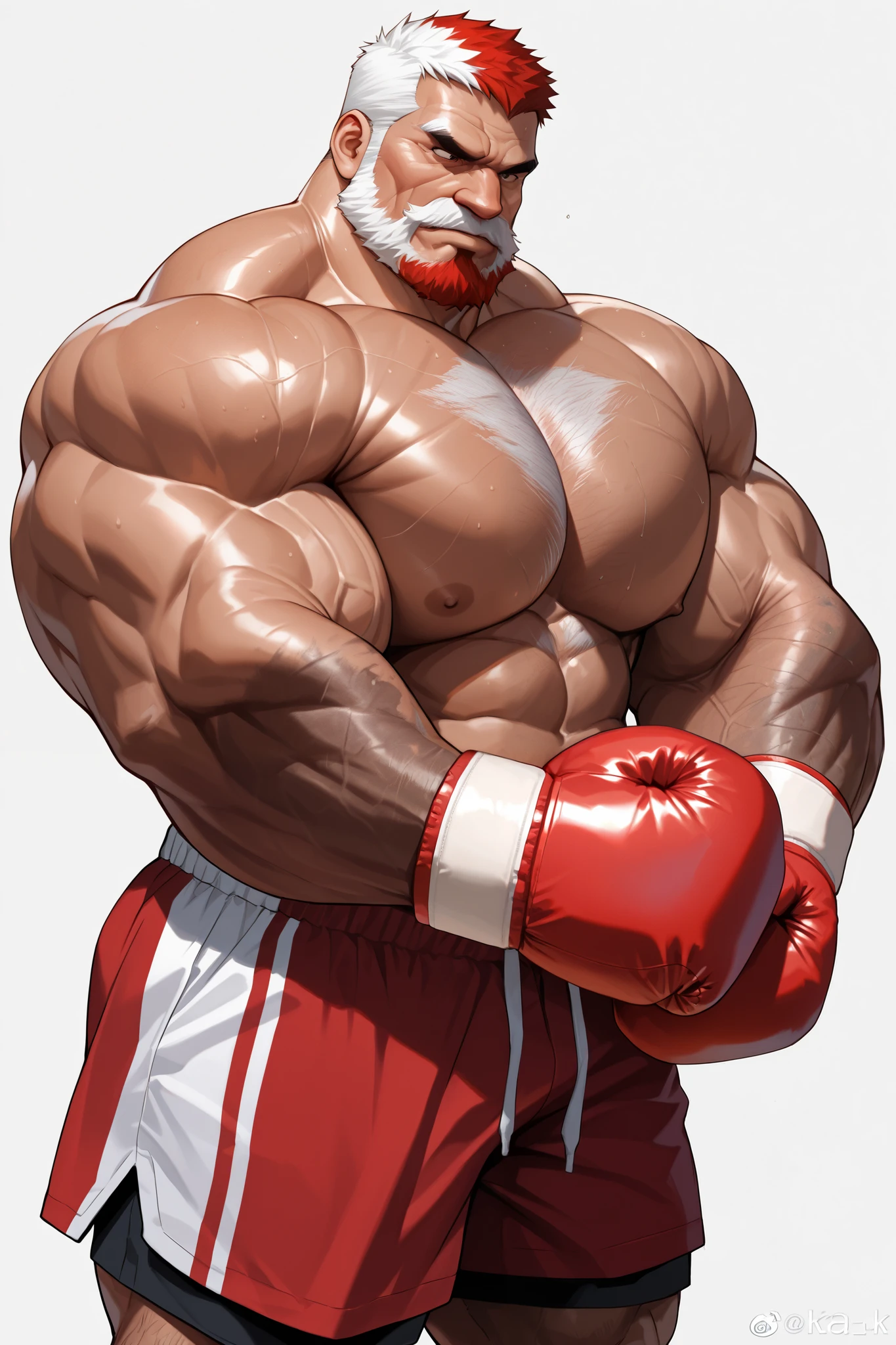 An anthropomorphic oversized muscular polar bear on two legs, wearing sports clothes and a red cap that covers his eyes