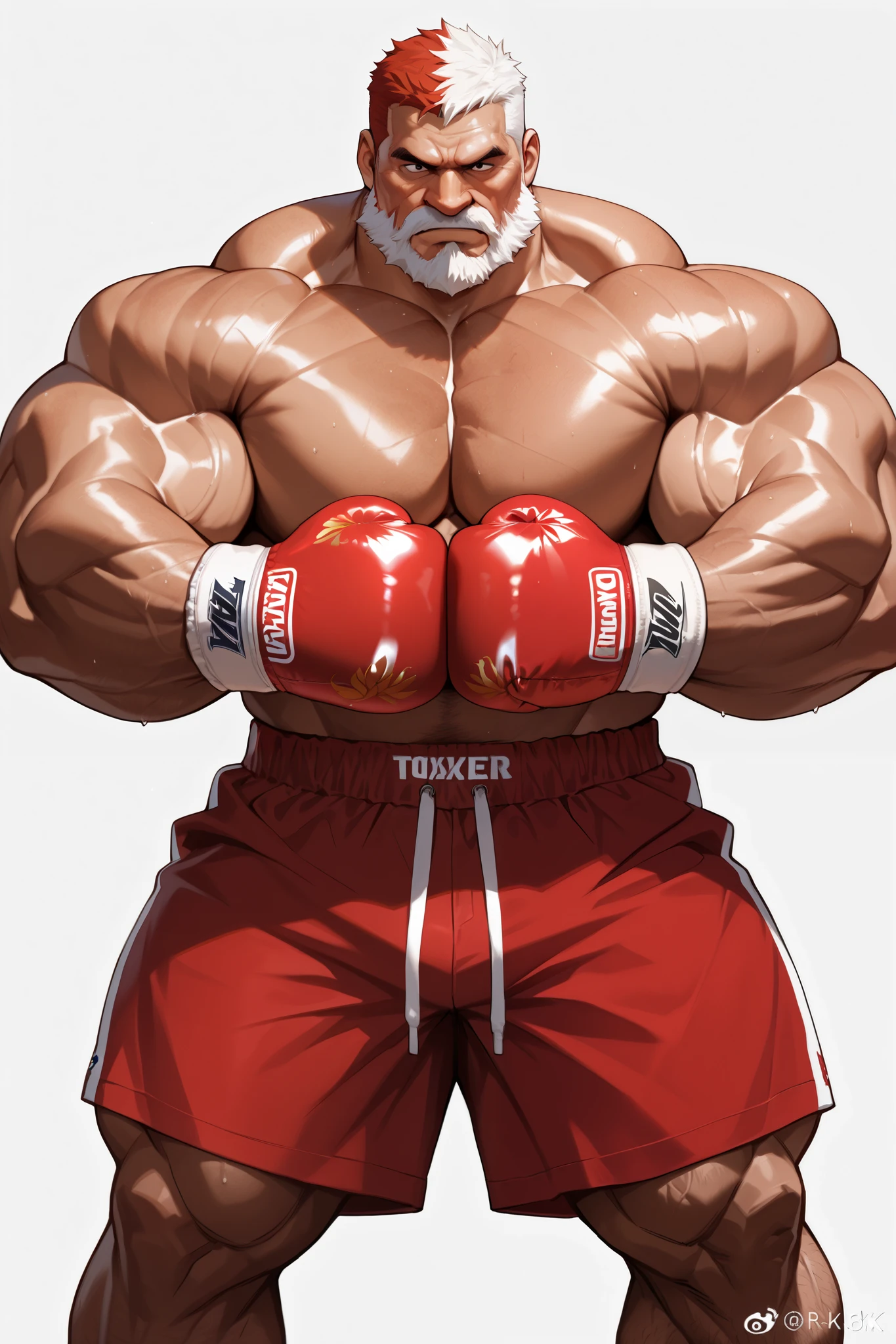 solo, 1boy, (Huge Muscular Old man as a boxer, wearing boxing gloves , wearing shorts, topless) (short hair, 2tone hair color, two tone hair colors, red and white hair color), pectoral, huge pectoral, wide pectoral, short white hair, short bearded, simple background, masterpiece, high detailed, 8k, high resolution, highly detailed, 8k, Masterpiece, Anatomically Correct, Best Quality, Textured Skin, Ray Tracing