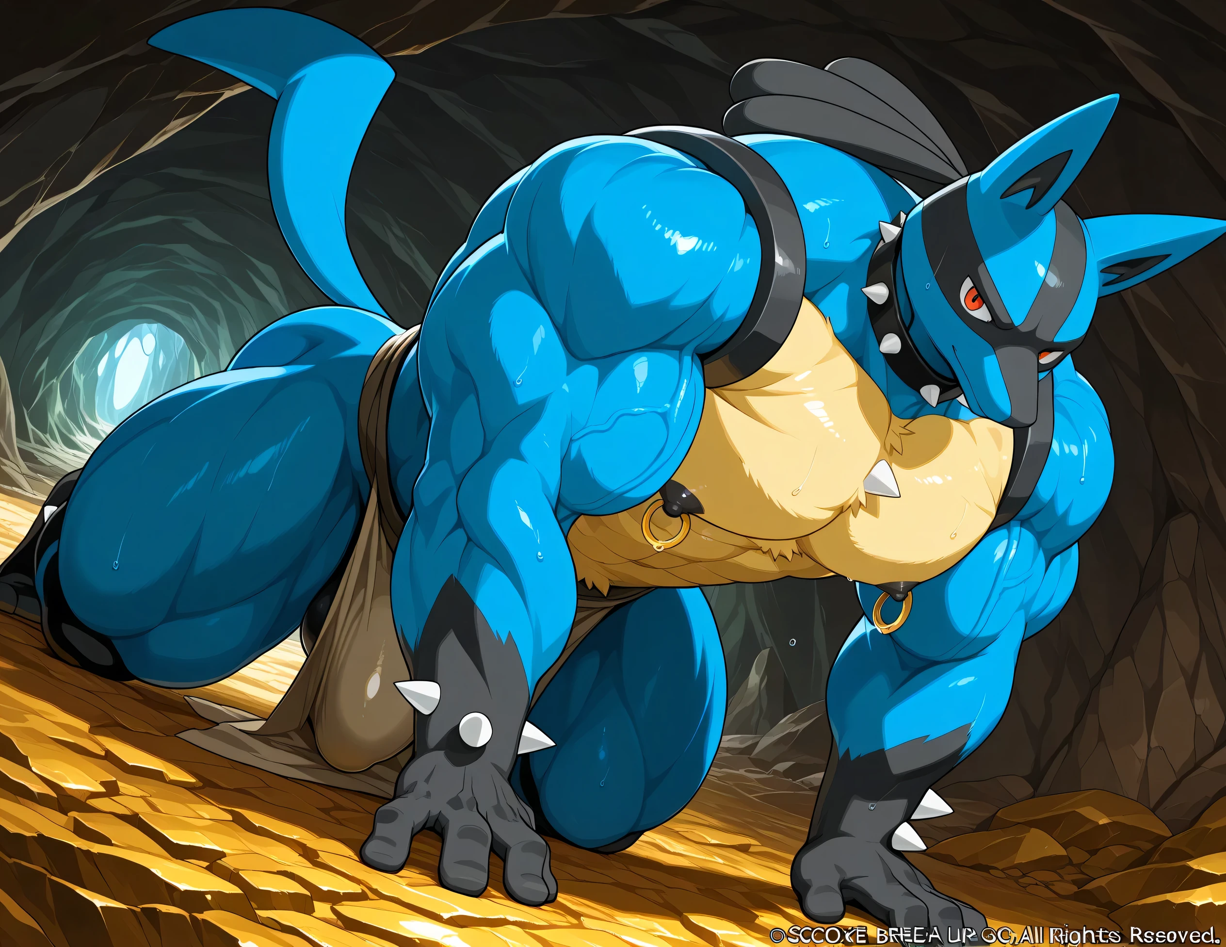 detailed background, low view, side view, cave, dutch angle, close up, solo BREAK score_9_up,score_8_up,score_7_up,score_6_up,score_5_up,score_4_up BREAK kemono, bara, furry, 1boy, anthro, lucario, Blue Fur, Chest Spike, Red Eyes, yellow chest fur with thicker patches on the collar, Spike on Hands, Two-tone fur, huge muscular, male, macro, black collar on neck, tail, male, bedroom eyes, serious, smile, sweaty, huge worn out brown loincloth, huge bulge in worn out brown loincloth, looking at viewer, huge black nipples, huge gold nipple rings, doing one-handed push ups, one hand behind back