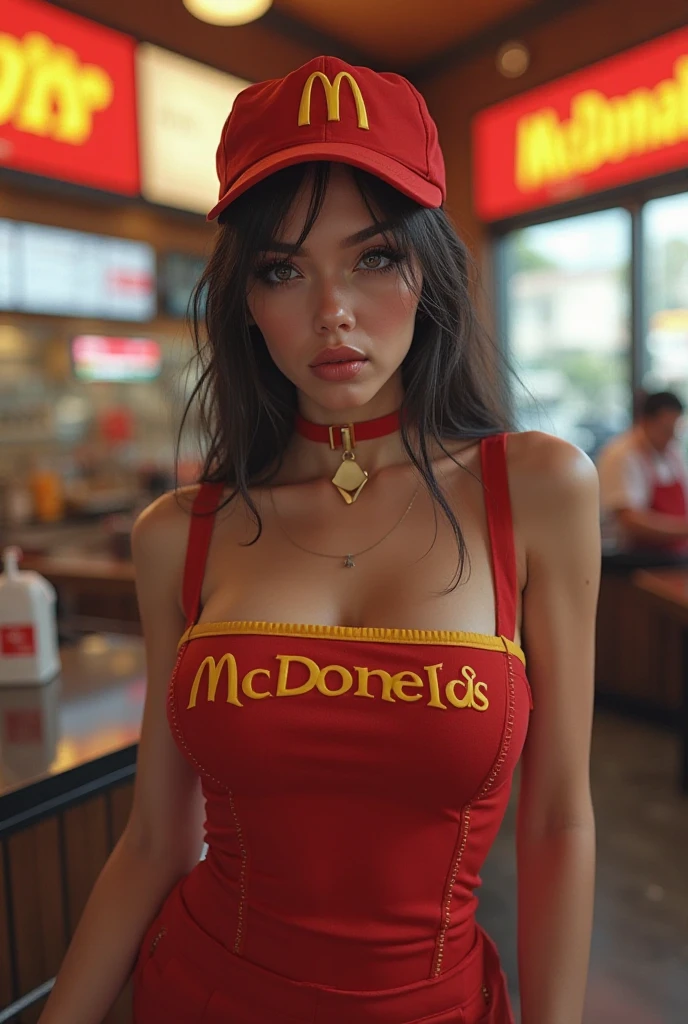 A woman in a bikini in front of McDonald's