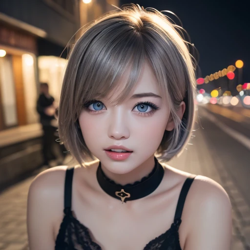 ((Highest quality、8k、masterpiece:1.3))、Sharpness:1.2、Perfect Body Beauty:1.4、Slim Abs:1.2、((Short Hairstyles、Grey Hair、Big Breasts:1.2))、(bikini:1.1)、(Neon city at night:1.2)、rain:1.5、Highly detailed face and skin texture、Microparticles、double eyelid、Shining Eyes、Watery eyes、Looking into the camera、、Sexy pose