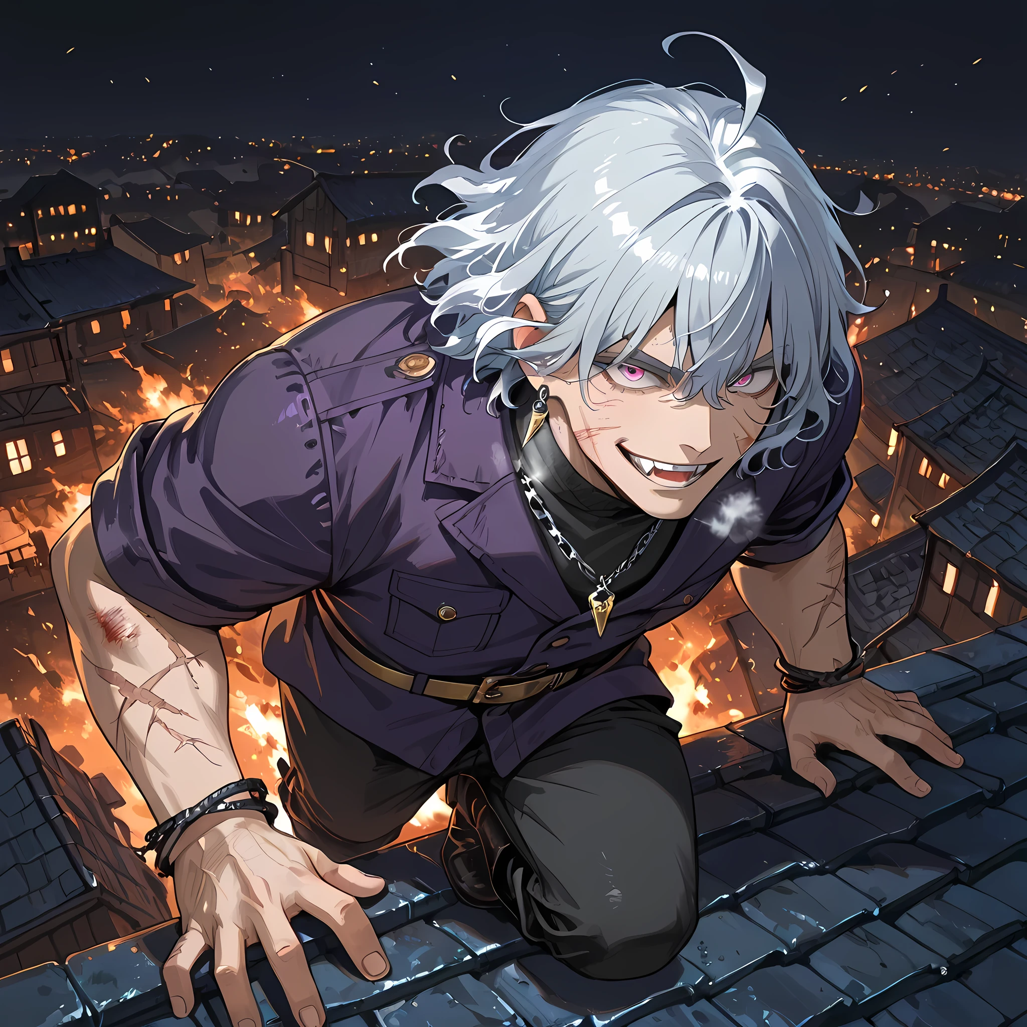 {man1}:(man1 who looks like Manjiro Sano, human ears, thirty-two year old man, wavy hair, strong-bodied man, developed physique: 1.2, muscular body: 1.2, purple jacket, gray turtleneck underneath the jacket, gold belt on long pants, black army pants, silver chain attached to the side of the pants, black leather boots, thorn bracelets on the arms, scars on the arms, burn marks on the cheeks to the middle of the neck, earrings with a waning moon pendant, short gray hair quite messy to the height of the ears, hair covering the eyes, hair tips dyed purple, eyebrows in the shape of gray flames, pink eyes, ahoge hair, heavy breathing, ((man1 with a crazy smile, sharp fangs, man1 jumping jumping from the top of a house roof, fighting a devil monster that is ravaging the city, man1 jumping from the top of a house towards the devil monster, bats appearing around man1):1.4) | ((Ano Danchi no Tsuma-tachi wa... The hentai style of animation:1.4)), ((better image quality, better sharpness, better saturation, better vibrancy, better color balance, better shading, full HD, better quality of facial details)), ((fantasy anime style, richly detailed scenery, better resolution, richness of scene details, lighting balance)), (high angle, top view of a house, enlarged view of the scenery of a medieval town).