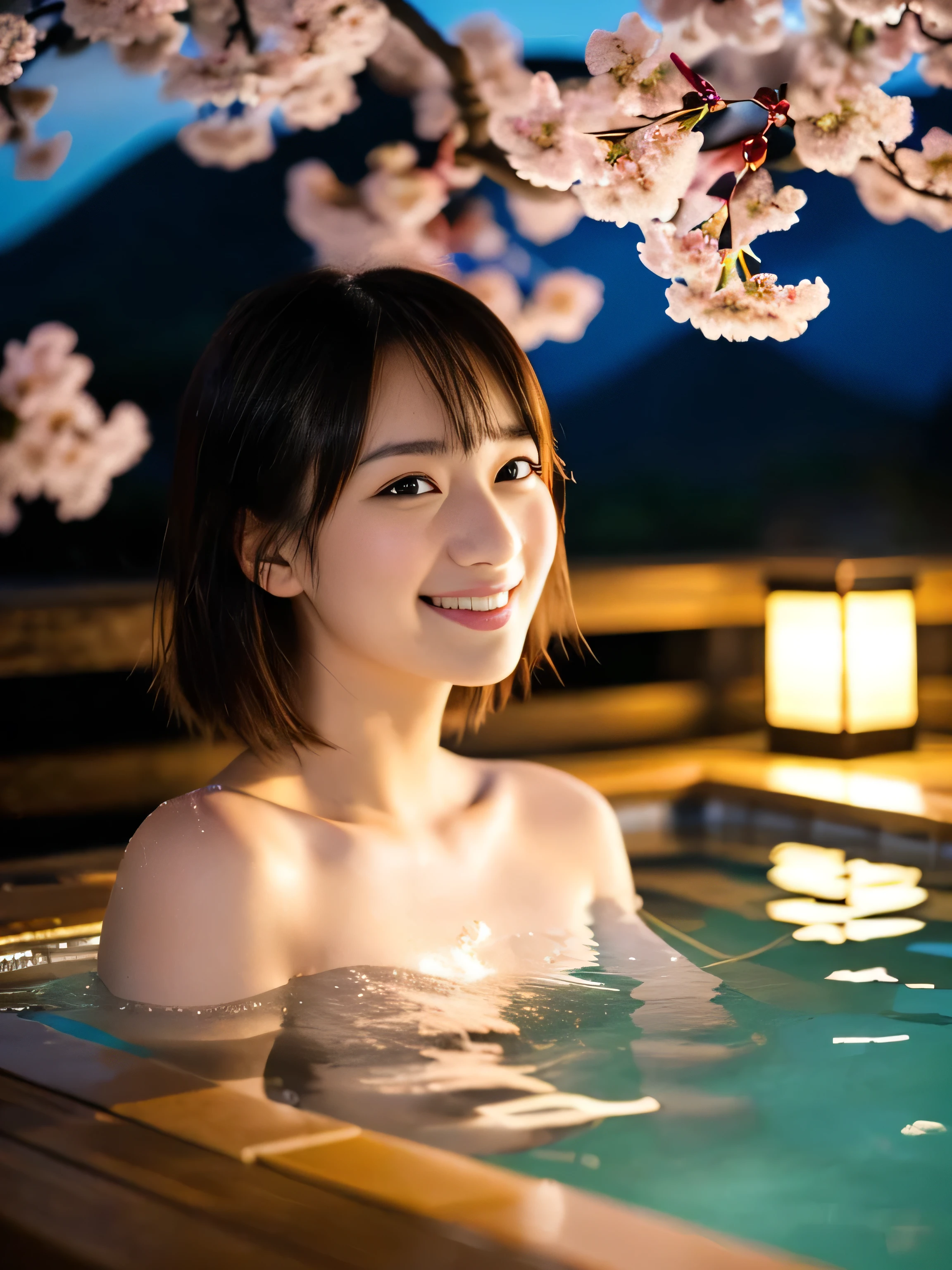 ((highest quality、Tabletop、8K、Best image quality、Extremely intricate and detailed))、1. Beauty、Long eyelashes、Perfect Makeup、Bathe in the open-air bath、(With a luxury hot spring inn in the background、The interior of the most luxurious hot spring inn、Luxury and detailed interior、very elaborate interior、Elegant interior of a high-quality hot spring)、(Smile at me:1.1)、her hair was tied elegantly at the back of her head.、Cherry tree in full bloom、The most elegant and beautiful open-air bath、Midnight、One big moon in the night sky、Romantic and moody warm lighting、Moonlit night、Full body nude photos、Very thick steam is rising、Detailed face、(Accurate anatomy:1.1)、Detailed beautiful face、Blurred Background、Photo portrait、1 Japanese style lantern lighting、She takes off her clothes and poses naked、