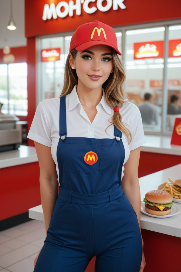 Jennifer Lopez as a fast food worker, fast food restaurant, fast food counter, sexy fast food apron, sexy fast food uniform, midriff, big butt, french fries, hamburger, cheeseburger, soda, milkshake, cashier, order taking, cooking, serving, smiling, friendly expression, dynamic pose, bright lighting, warm colors, photorealistic, (best quality,4k,8k,highres,masterpiece:1.2),ultra-detailed,(realistic,photorealistic,photo-realistic:1.37)