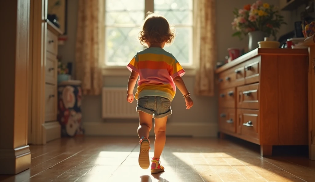 Amidst a world of wonder, a young child with wide eyes and a determined spirit takes their initial steps. The floor beneath them is a vast playground of possibilities, each step a leap of courage into the unknown. As their caregivers cheer them on, the child's face lights up with a mixture of concentration, joy, and trust. This evocative scene is captured through an artistic lens, blending realism with a touch of whimsy to convey the magical essence of a child's first steps.