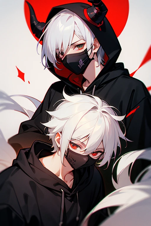 neon anime cyberpunk drawing style, white haired guy squatting in the alley, skyscrapers and moon in the background, night, he holds a bat with the inscription freak in his right hand and throws it over his head, He is dressed in a black leather raincoat, a white T-shirt with print the "Look at the Devil CRYING", and wears a black mask covering the lower half of his face, red outline