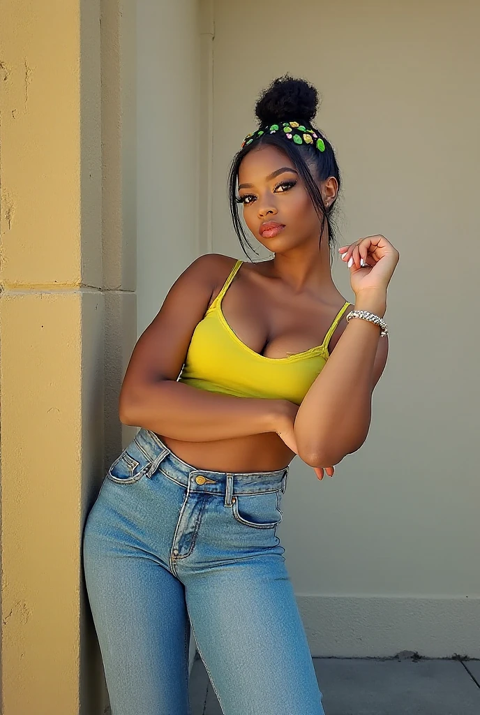 Masterpiece, high quality, high resolution, 18 years old, volumetric lighting, baby face, subsurface scattering, 8k, Beautiful woman, (dark skin), phillipino, college student, uniform, (yellow dress, jeans), wavy hair, headband, hoope earings, classroom, sexy pose, seductive pose, ((slim thick body:1.0)), thick thighs, round-butt, open mouth, big lips, screaming, orgasm, night time, eyes closed, Masterpiece, Professional lighting, 16k, 8k wallpaper, raw photo, photo-realistic:1.8, ultra detailed, natural lighting