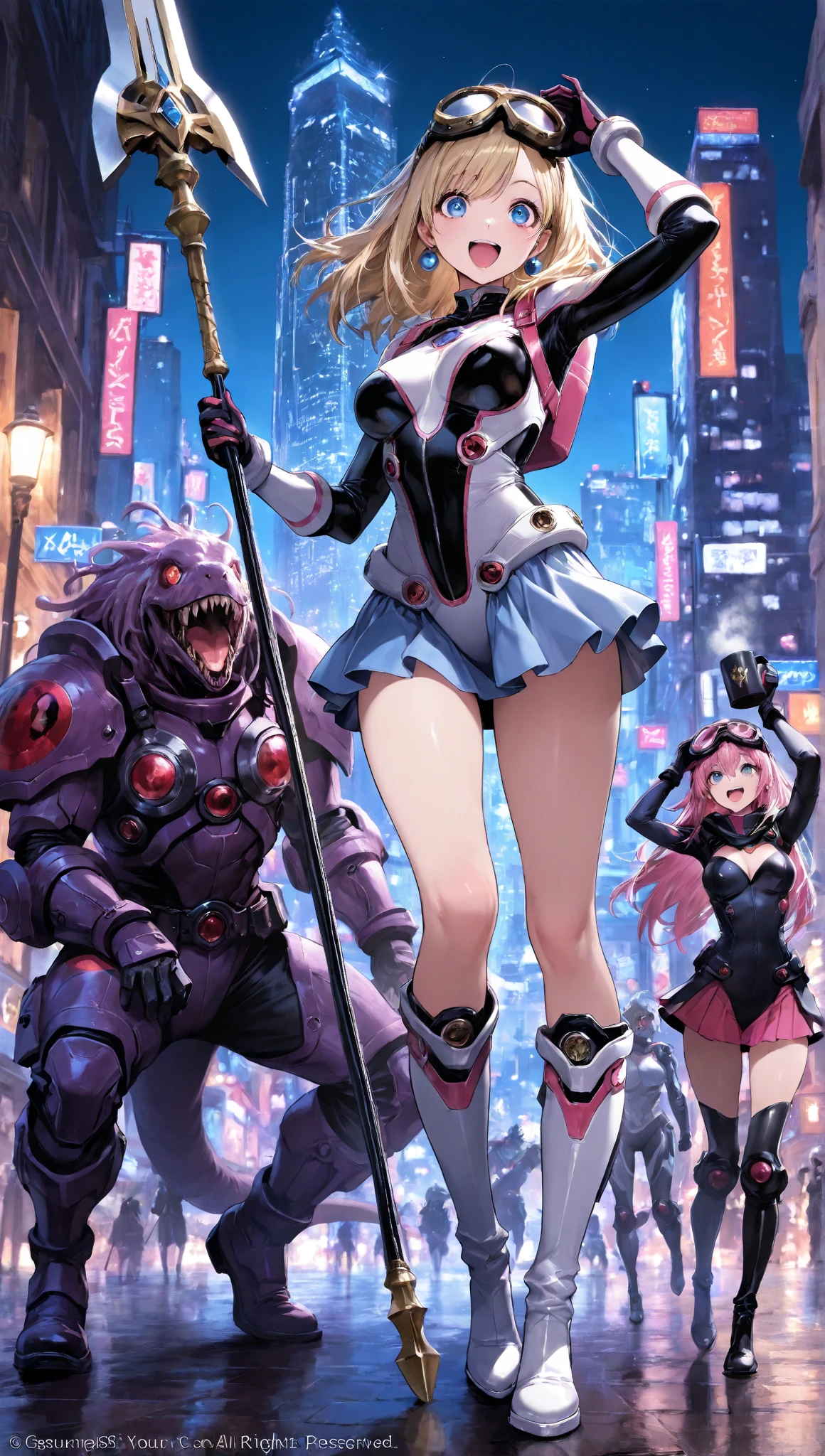 A cute woman (super heroine outfit, crazy matching hair, powers on display) heroic pose, street of new york, facing down a mob of mutant monsters