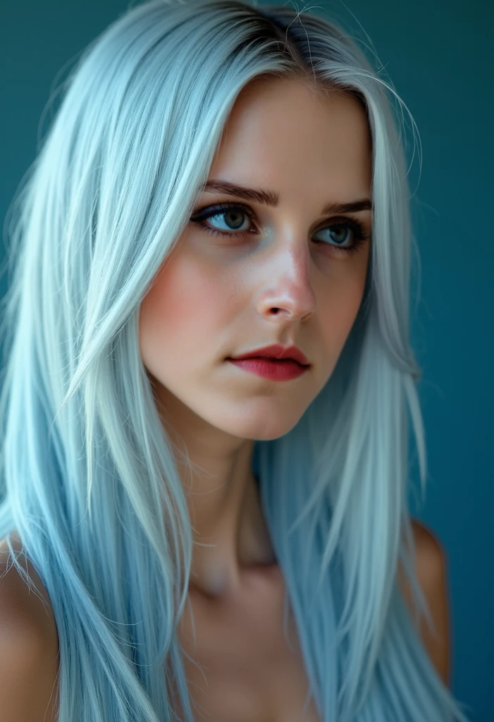 woman long hair, blue eyes, WHITE SKIN FLESH LIPS. Lieutenant
