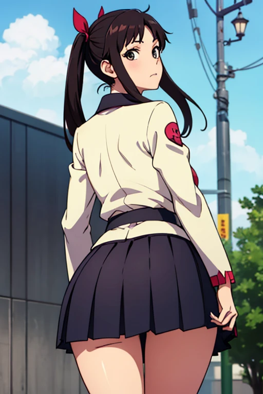 (Momo Yaoyorozu, a character from the anime series My Hero Academia, has long black hair, cat-shaped onyx eyes, and bangs on the right side of her face. Your hair is usually tied in a spiky ponytail),(Wearing),+,(A super tight and sensual straight pencil skirt and a very sexual tight pink blouse),+,(Facing back, sticking her hot ass out to the viewer)