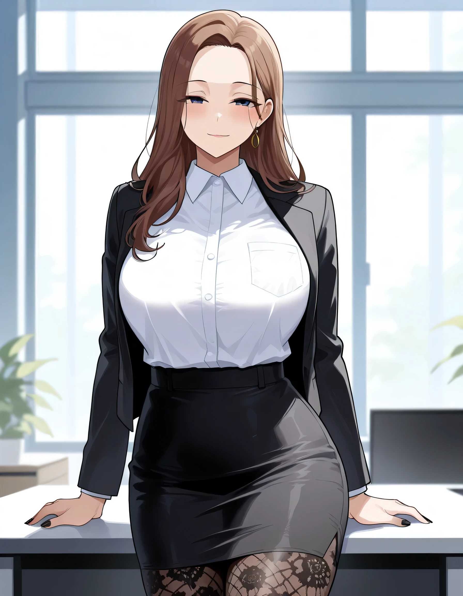 adult, female, mature, MILF, beautiful, light wrinkles, beige skin, brown hair, long hair, forehead bangs, deep blue eyes, tall height, light curvy thighs, light curvy hips, thin waists, default breasts, default ass, skinny, detailed eyes, detailed face, detailed body, adult, detailed office, detailed eyes, make up, looking at viewer, day, white office shirt with black jacket, pencil skirt with cutout, black patterned tights, black nails, strict, standing, front view, resting on table behind, head tilted to side, small smile