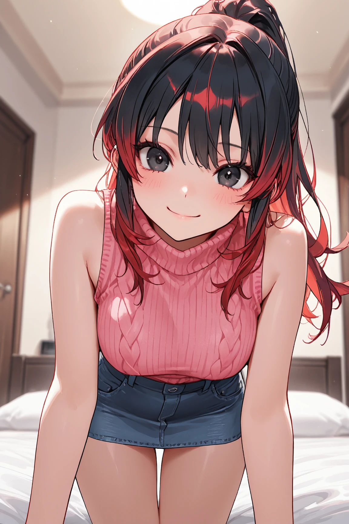 detailed illustration, dynamic angle, ultra-detailed, illustration, 1girl, school girl, black blouse, grey plaid skirt, cleavage, wavy hair,  gradient hair, bicolor hair, black hair, red hair, long hair, bright blue eyes, cleavage, wide eyes, big eyes, excited, eager, blush, flush, horny, happy, delighted, sitting on couch, living room, leaning forward, loose top, down blouse