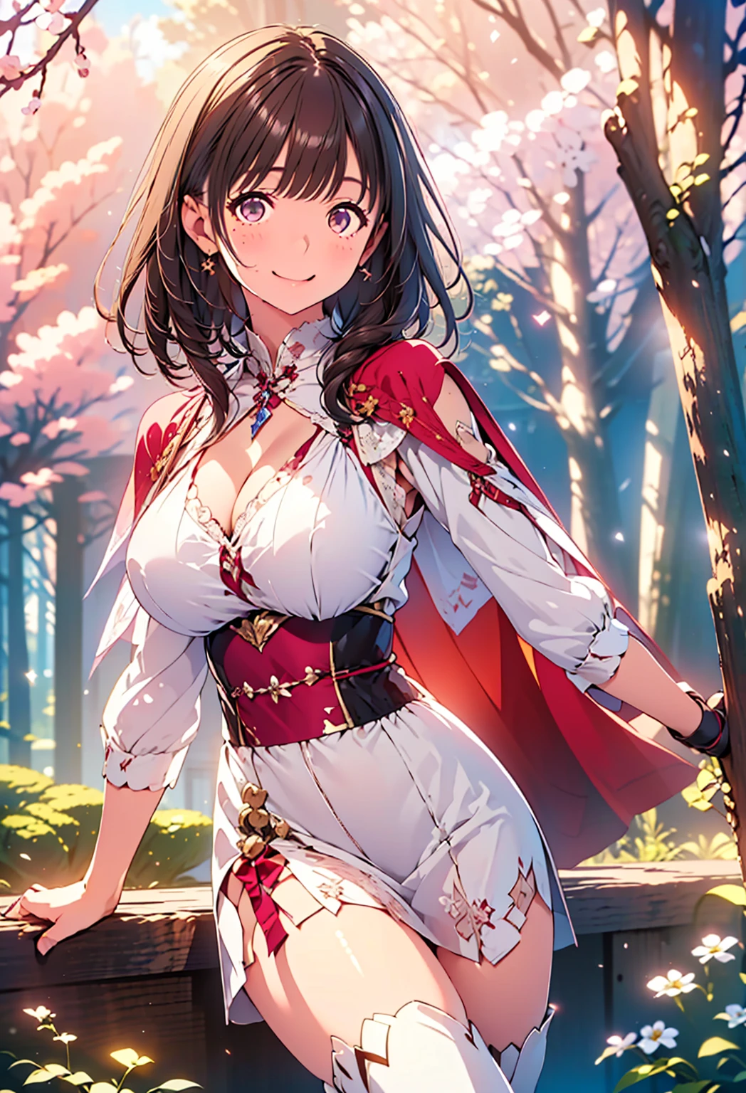A woman with short dark brown hair, faint green eyes, smiling in a fantasy world forest, holding a fan with one hand, big breast
