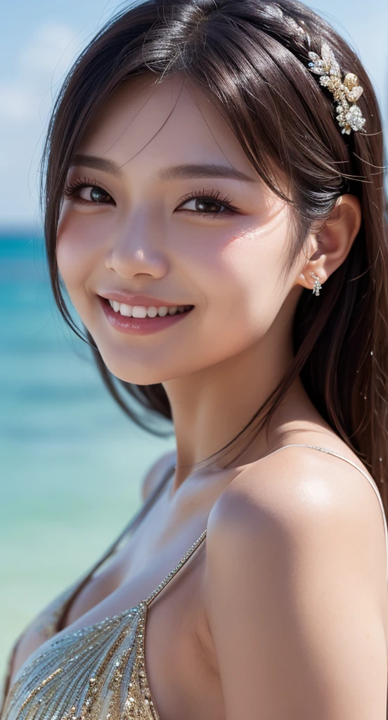 beautiful japanese female、large full breasts、top-quality、masterpiece、超A high resolution、Photorealsitic、Look at the horizon、A smile
