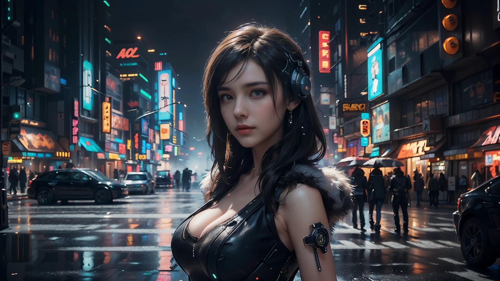 masterpiece,best quality,high resolution,8K,(Portraits:1.5),(R Original Photo),The real situation,Digital Photography,(A fusion of cyberpunk and fantasy),(Female Officer),White women，Feel free to hairstyle,hair，blue eyes，By Bangs,(Large Breasts, Accessories,shut your mouth,Elegant and charming,Serious and arrogant,Calm and handsome,(Combination of cyberpunk and fantasy style clothing,hollow-carved design,Large Breasts，Photo poses,Realistic style,Gray World Background,oc render reflection texture，futuristic city，Medium distance photography