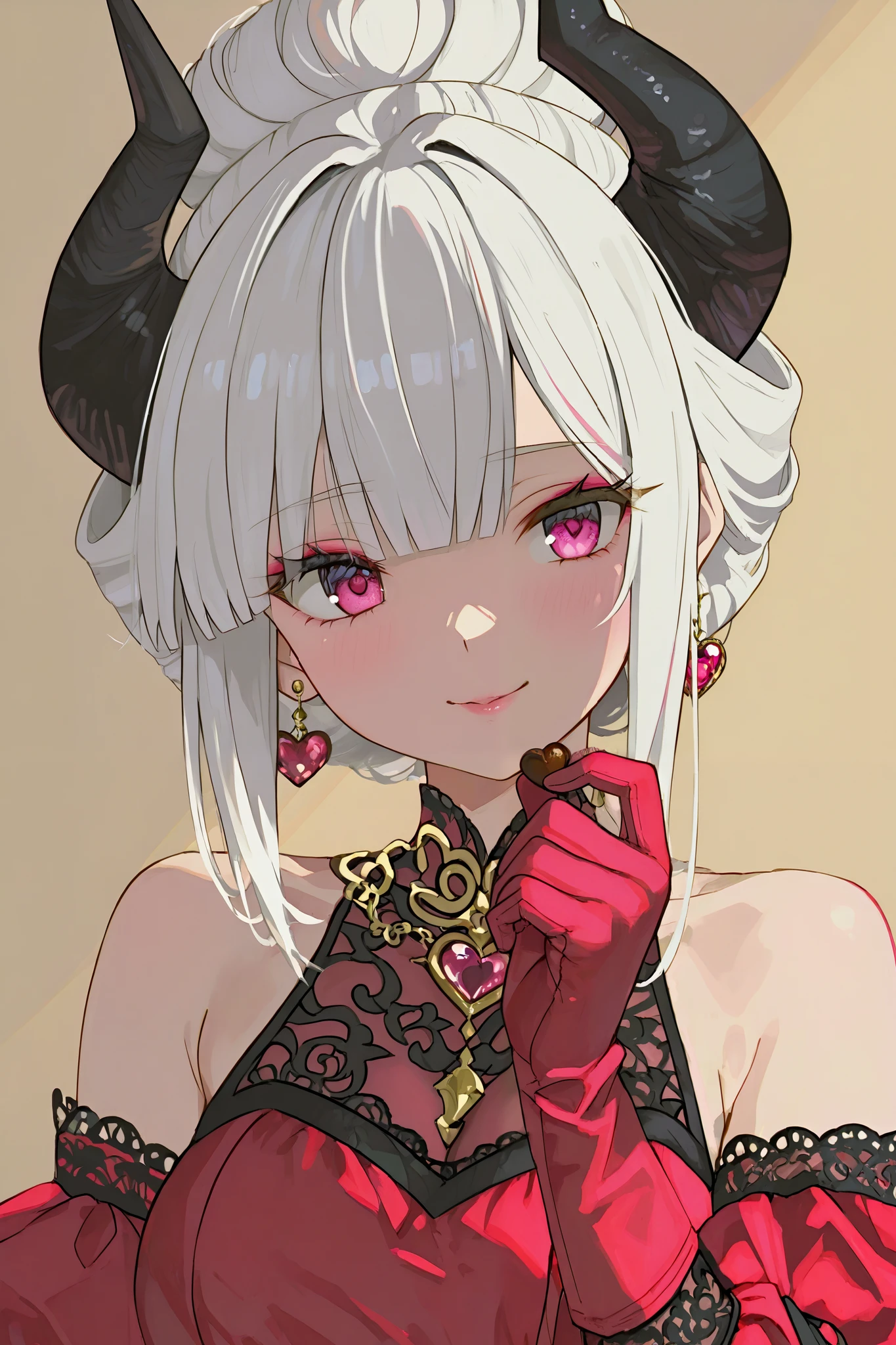 An elegant anime girl with a mysterious expression, sporting white hair styled in a playful updo with side bangs. She wears striking black horns and her makeup features captivating pink eyes. Her outfit is a glossy red dress adorned with delicate lace detailing, paired with matching red gloves, creating a cohesive and bold look. Her accessories include heart-shaped earrings and a necklace, complementing the heart-shaped chocolate she holds delicately to her lips. The beige background emphasizes her vibrant attire, while her side glance adds intrigue to the composition, highlighted by soft, even lighting.