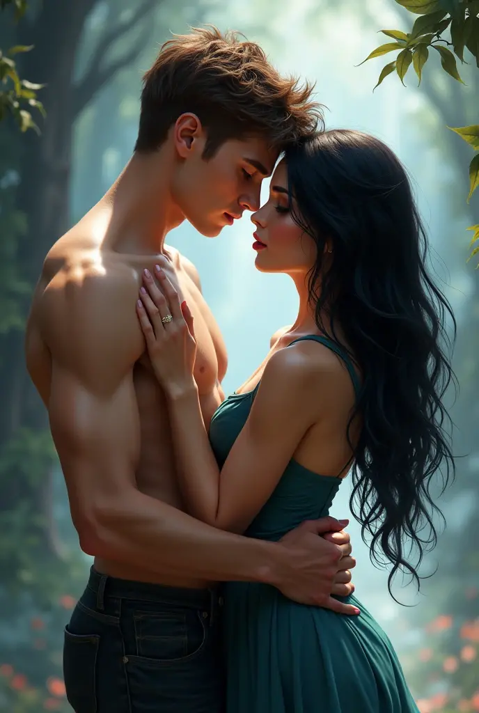 Fantasy threesomes, young man light brown hair blue eyes, young woman black hair, full body