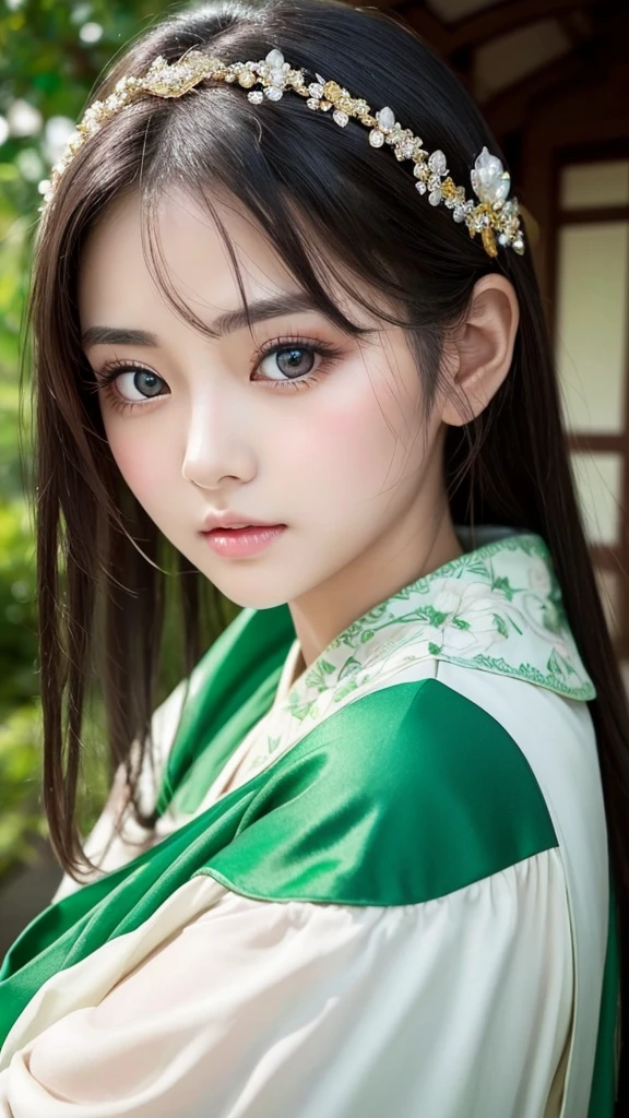 Ultra High Resolution, (Realistic: 1.4), RAW Photo, Best Quality, (Photorealistic), Focus, Soft Light, ((15 years old)), ((Japanese)), (Front, Young Face))), (Depth of Field), (One Piece), Masterpiece, (Photoreal), Woman, Bangs, ((super shortcuts hair, nun, priest, 1 Girl))