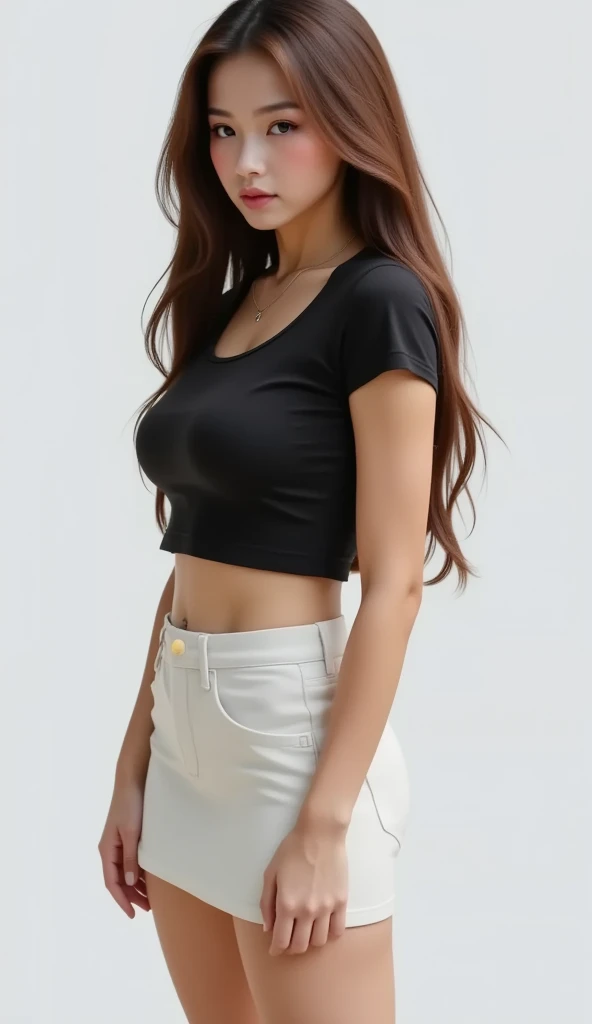 Cute dark skinned Chinese girl wearing glasses, detailed skin tight jeans, tight crop top, mid size butt,