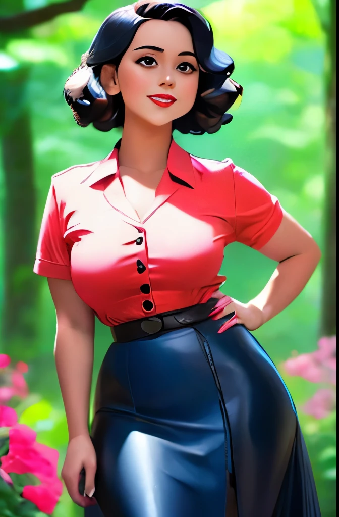 a woman in a polka dot shirt and a skirt posing for a picture, a portrait by Edward Avedisian, flickr, renaissance, wide skirts, retro and ethereal, 5 0 s style, 50s style, cream colored blouse, midi skirt, pinup style, retro 5 0 s style, retro style ”, 1 9 5 0 s style, vintage clothing