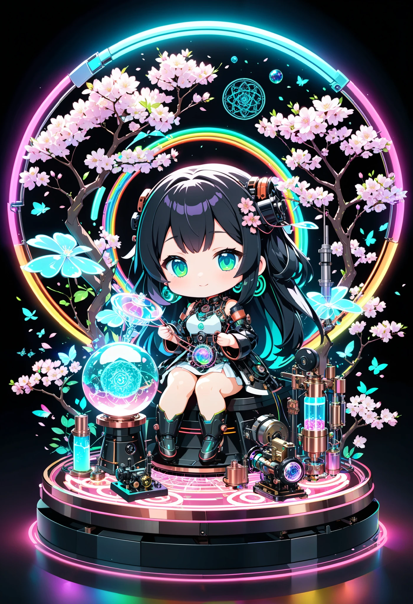ultra detailed, absolutely resolution, masterpiece, a cherry blossom tree blooming in a crystal ball, countless petals fluttering about, chibi woman sitting at the base of a cherry tree, base made of copper plated frame, (Magic circle, rainbow neon line kaleidoscope, transparent, clear neon color, precision equipment, machinery, machine parts, LED, wire cable, analytical equipment, lab), background jet black