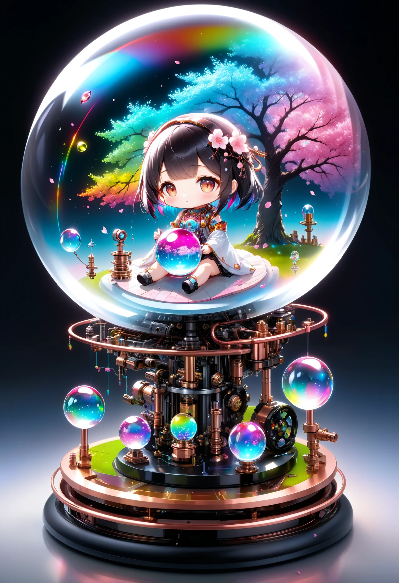 ultra detailed, absolutely resolution, masterpiece, a cherry blossom tree blooming in a crystal ball, countless petals fluttering about, chibi woman sitting at the base of a cherry tree, base made of copper plated frame, (Magic circle, rainbow neon line kaleidoscope, transparent, clear neon color, precision equipment, machinery, machine parts, LED, wire cable, analytical equipment, lab), background jet black, various iridescent effects, extremely delicate depiction, extremely clear image, 2.5D, artistic photography, hyper realistic