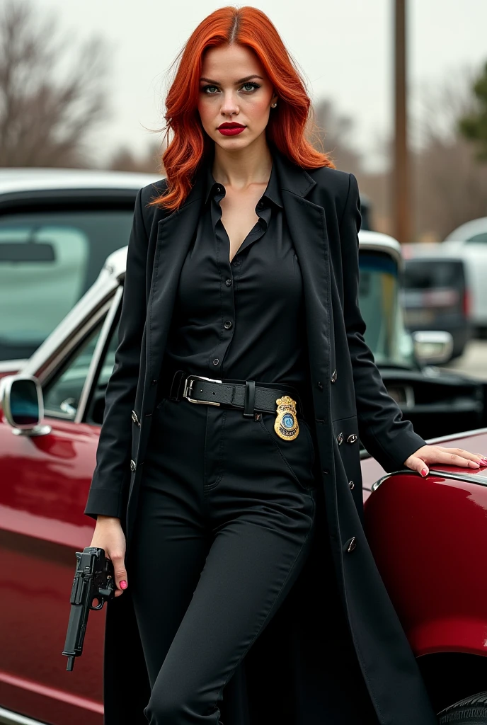 1920s hardboiled detective, striking red hair styled in soft waves, tailored trench coat suit tie and a fedora, sharp no-nonsense attitude, pinup, full body shot, standing