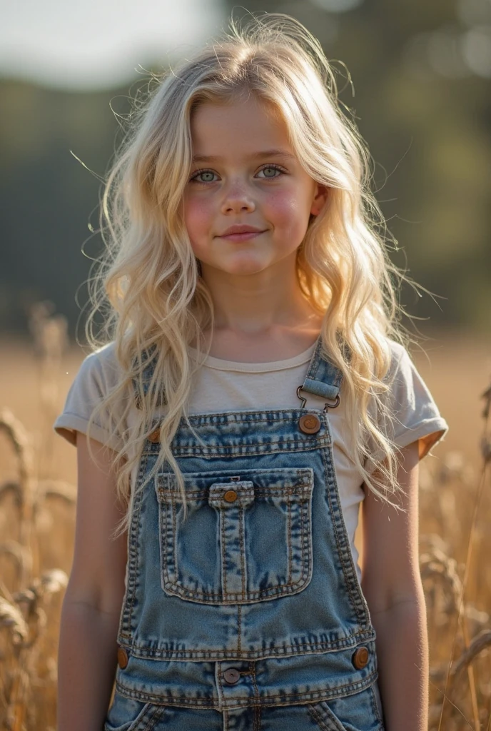 Russian style, children girl, portrait, long blonde hair, farmer style, in a wheat field.