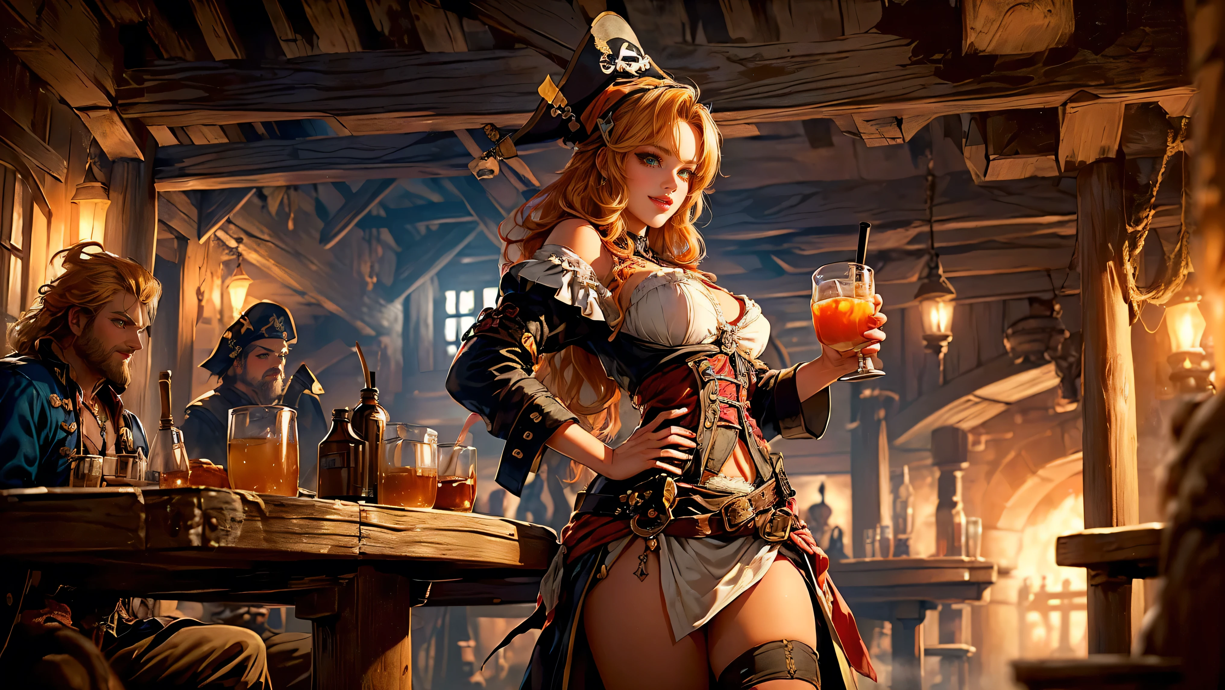 ((tavern and brothel filled with men)), ((1 redheaded tavern wench serving drinks to old pirates)), ((messy hair, orange hair)), ((1 serving girl)), ((solo girl)), ((ager)), (()), ((littlegirl)), ((Smiling)), ((little)), ((dark tan skin)), ((cute girl)), ((she is serving the pirates)), ((pirates are lusting after the girl)), ((pirates are large burly men)), ((pirates have dark hair)), ((men have blonde hair)), ((men wearing pirate cloths)), ((unshaven pirates)), ((she walks to the tables carrying tankards)), ((the men can't help but stare at her beauty as she walks by)), old tavern, pirate tavern, pirates holding and drinking tankards of ale,