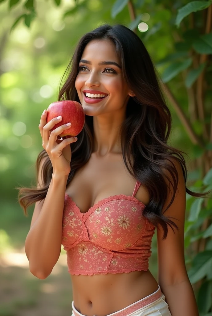 Uma mulher sedutora e brincalhona, com um sorriso malicioso e um olhar provocante. Seu cabelo escuro cai em ondas sobre seus ombros, as she holds a juicy red apple in her hand. Her tight dress highlights her curves and her plunging neckline leaves little to the imagination..