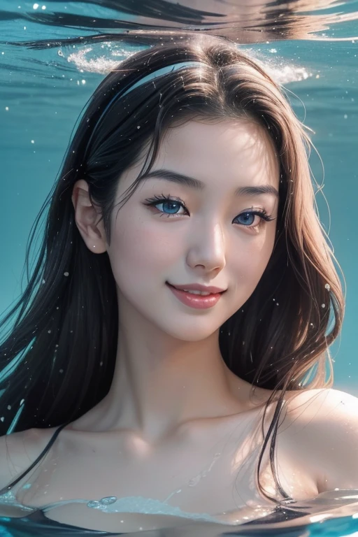 (tmasterpiece、top-quality、supreme、offcial art、aestheticly pleasing、Long exposure time: 1.2)、Smooth movement、Charming Patterns、1 rapariga、A Japanese lady、jade Eyes、Black lob hair、porate、独奏、The upper part of the body、Gaze at the observer、细致背景、A detailed face、(crystallineAI、crystalline theme:1.1)、Elemental Water Elves、Swirl water、The water to be controlled、Costume of a fantasy magician、dynamicposes、particles floating、ethereal dynamics、Eau、steams、background ocean、Blue tone、shores、Fantastic atmosphere、