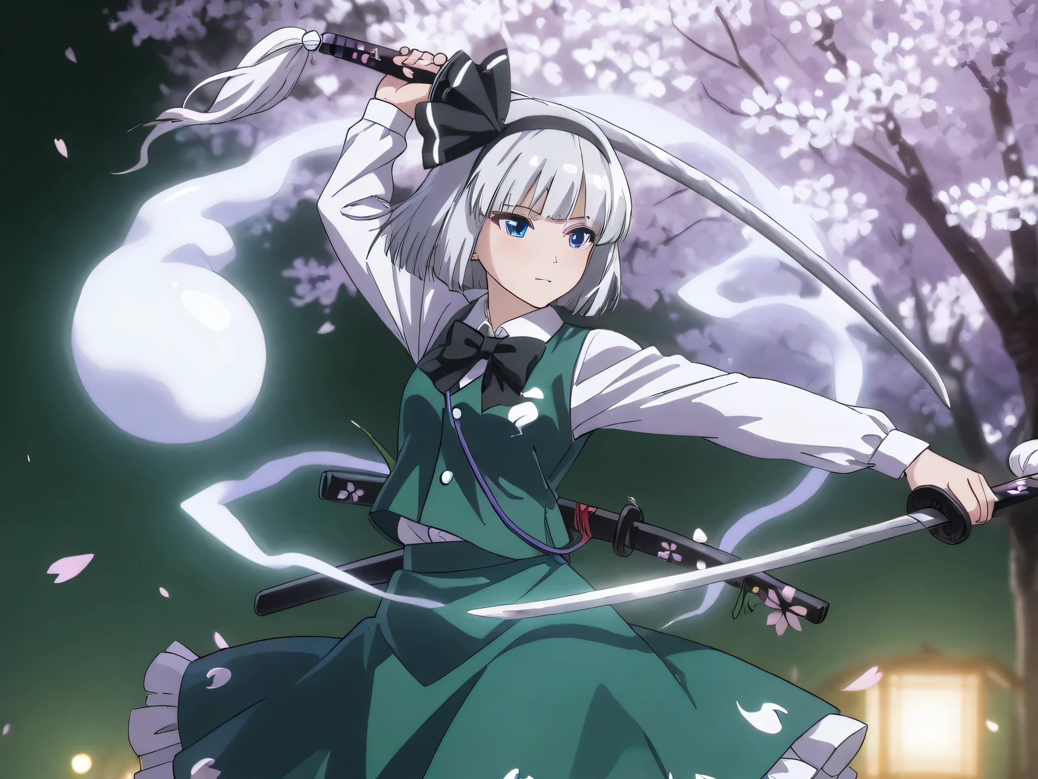 cherry blossoms in full bloom,Stunningly beautiful scenery,youmu,bow, bowtie, ghost, green skirt, Hitodama, ribbon, shirt, skirt, vest,Cherry Blossom Petals Dancing,high quality DVD,4K,8k,high resolution,realistic,PROFESSIONAL,vivid colors,Bokeh,Soft Light,Delicate Expression,Elegant Pose,vivid color,dramatic lighting,green background full of sunshine,Holding a Sword