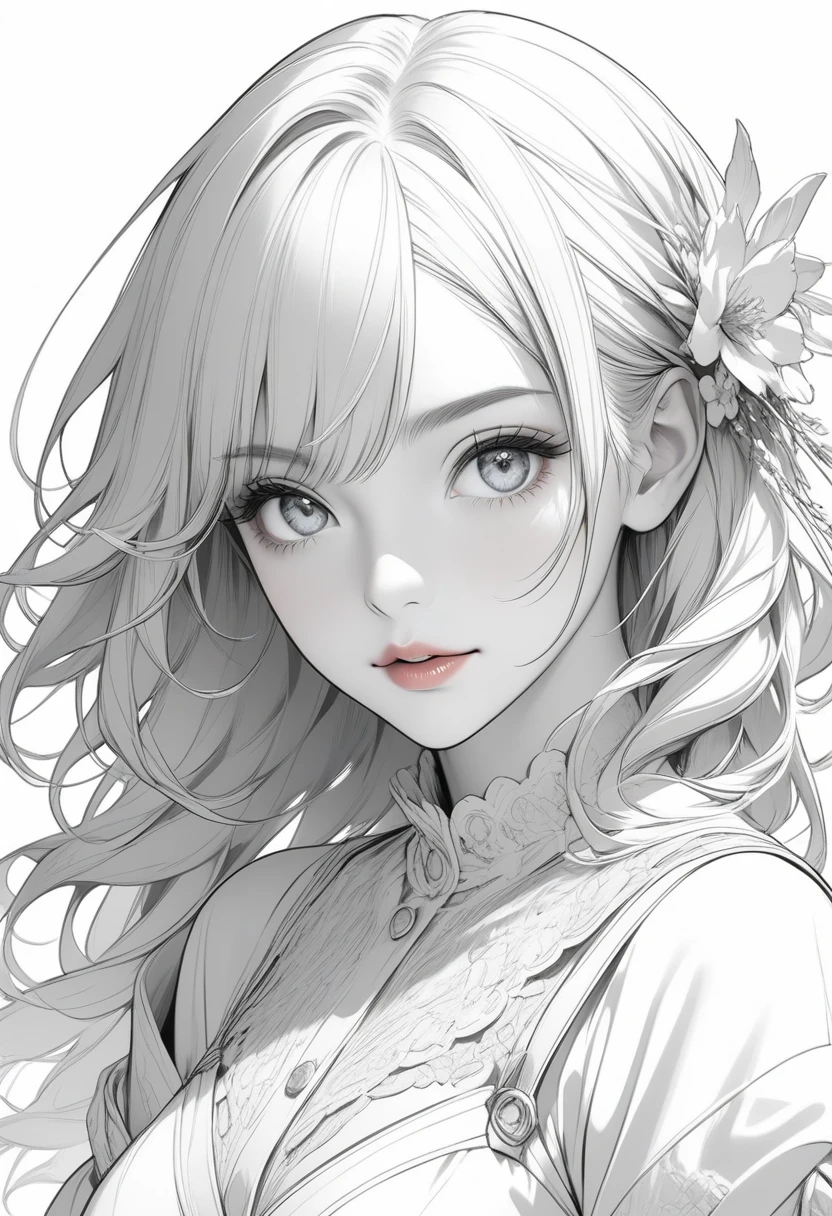Ganyu, genshin impact, absurdres, highres, ultra detailed, ultra-detailed background, detailed background, extremly detailed, 1girl,bunch of flowers, (zentangle:1.2), (geometric:1.2), black and white color palette, monochromatic, big breasts, cleavage, sideboob, lingerie, realistic depiction