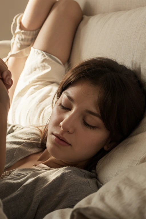 woman,((40 years old)), sleeping, wearing shirt, beautiful face, eyes closed, white skin, soft smile, teasting, bed room, lying on bed, seen from above