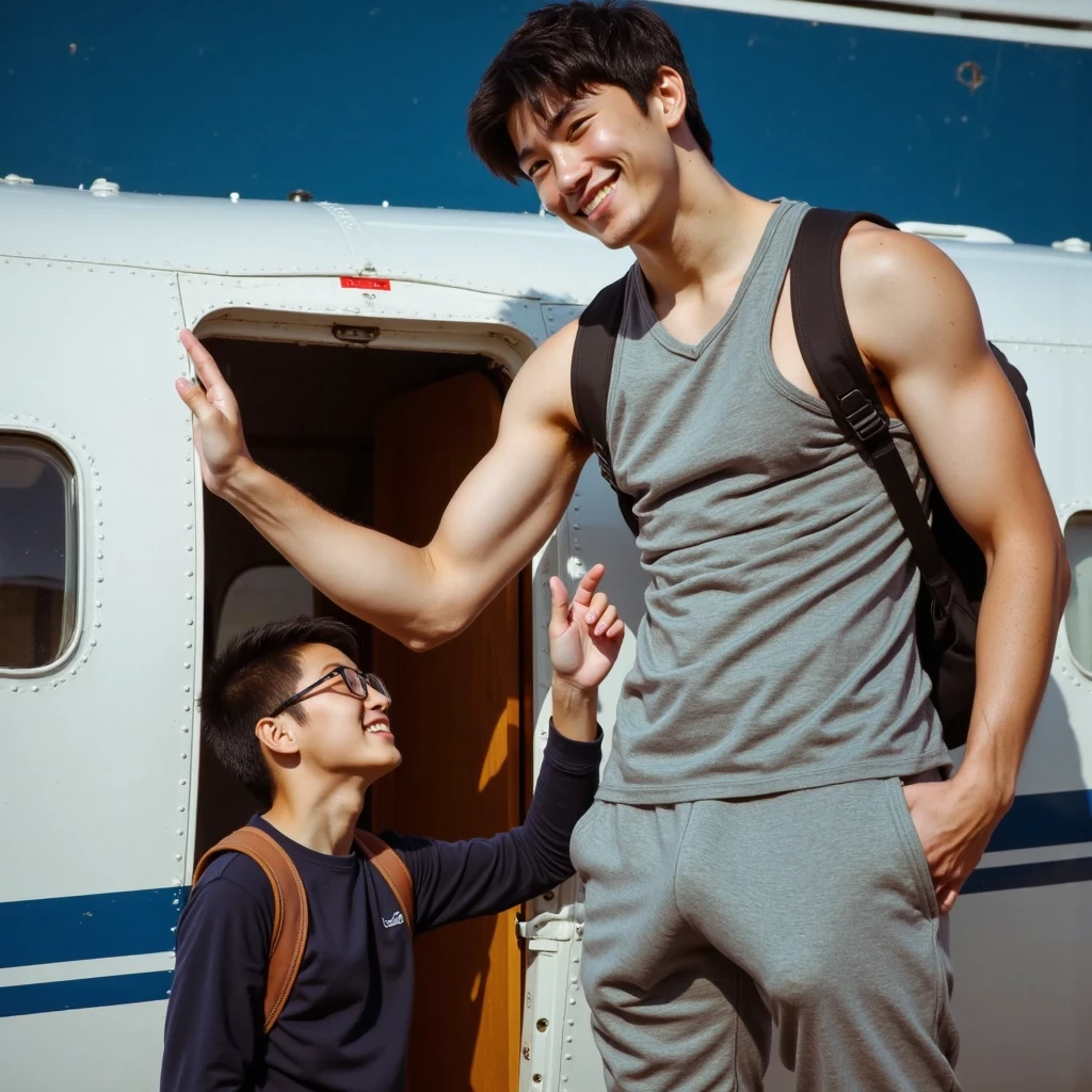 Chinese man, big brother, inch head, bald head, muscle masterpiece, air brother, fat and strong, uniform temptation, shorts, smile, uncle, thick legs, fat buttocks, leg hair, socks, inch head, on the plane seat, robust, man,