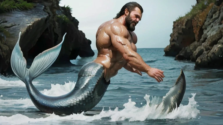 Muscle male mermaid, merman, muscles, male bodybuilder, back, blue mermaid tails, short beard, black hair, jumping from water, water twister, rocks, wallpaper